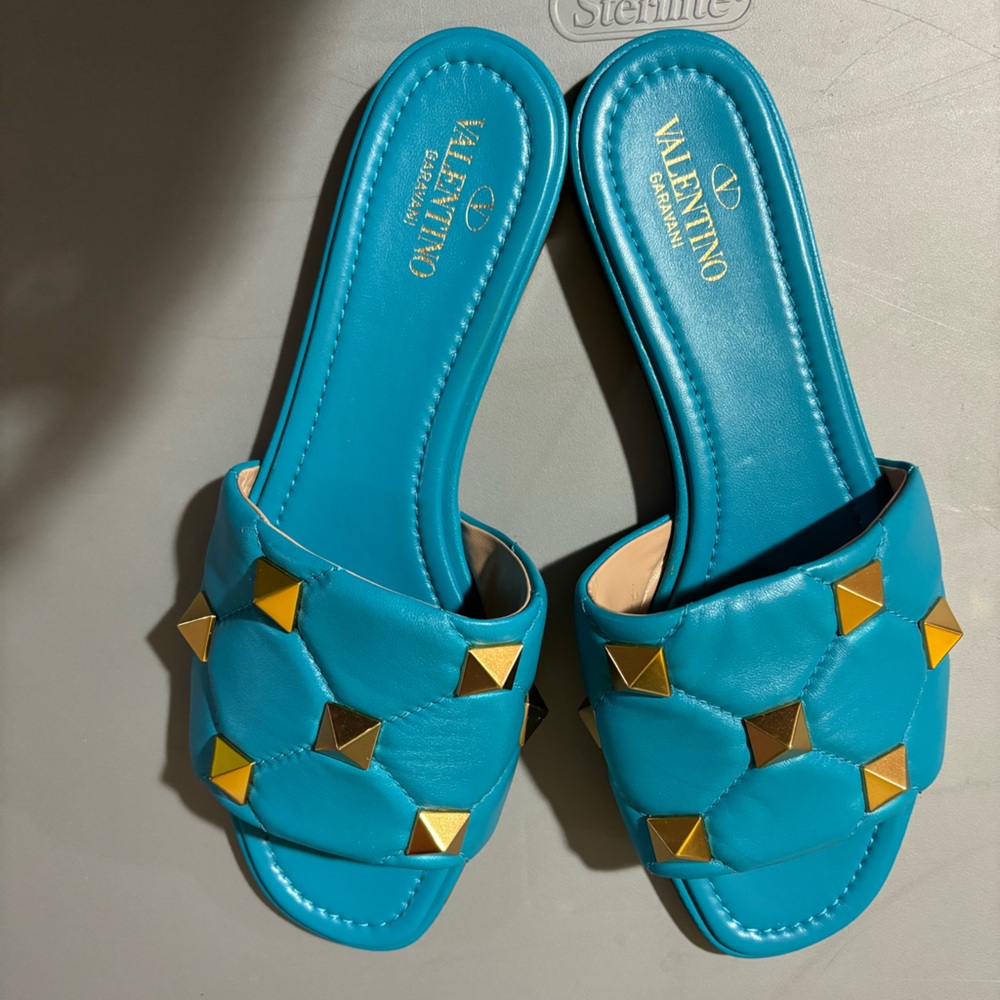 Valentino Blue and Gold Studded Sandals
